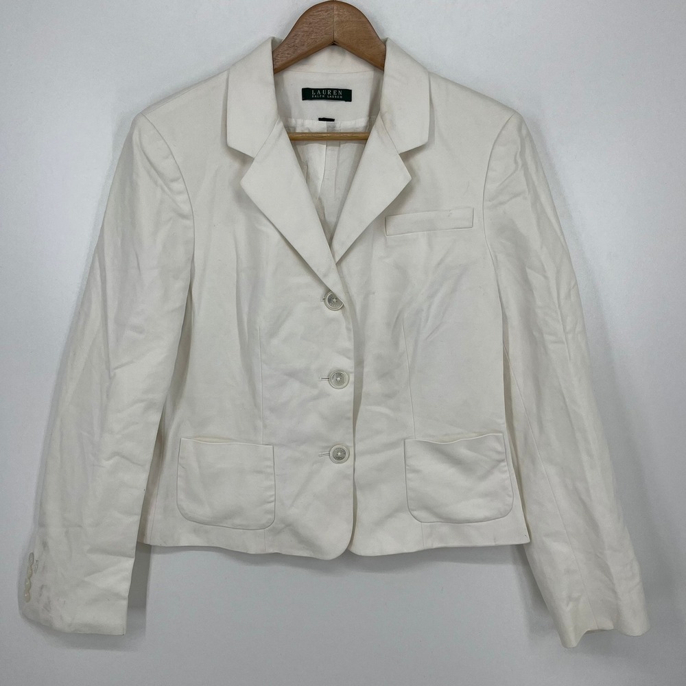 Lauren Ralph Lauren Womens White Three Button Structured Blazer Jacket Size M